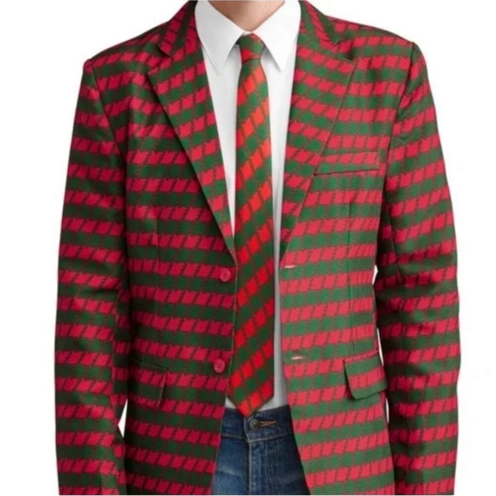 DEC. 25TH Red Green Houndstooth Christmas Blazer Jacket & Tie  Size XXL